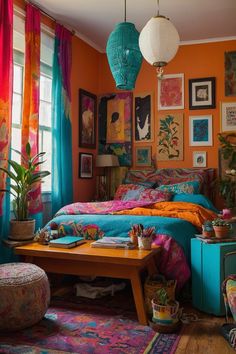 a bedroom with orange walls and colorful bedding