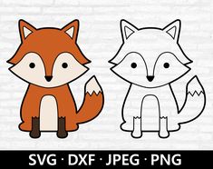 a fox and a fox sitting next to each other on a white brick wall with the words svg dxf jpeg png