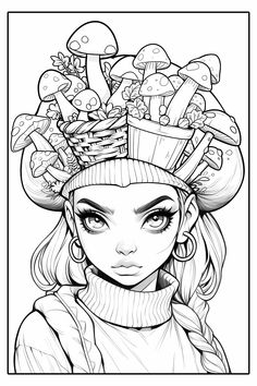 a girl with mushrooms on her head in the style of an adult coloring book page