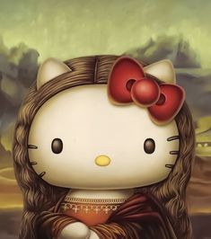 a painting of a hello kitty with long hair and red bow on it's head