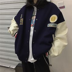 ジャケット - 配色ワッペン付きスタジャン オシャレファッション アウター メンズ・レディース Jackets Streetwear, Retro Clothes, Women Baseball, Baggy Clothes, Tomboy Style Outfits, Uniform Fashion, Swaggy Outfits, Coat Women