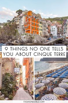 the beach with umbrellas and buildings in cinque terrare, italy text reads 9 things no one tells you about cinque terrace