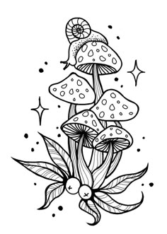 a black and white drawing of mushrooms