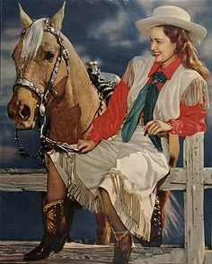 a painting of a woman sitting on a fence next to a brown and white horse