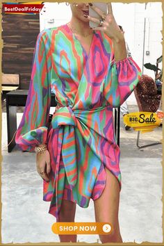 Print Long Sleeve Wrap Mini Dress Bold Patterned Dress, Wrap Mini Dress, Dresses By Length, Mini Wrap Dress, Women's Fashion Dresses, Short Dresses, Mini Dress, Long Sleeve, Fashion Dresses