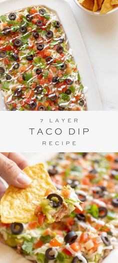 7 layer dip, overlay text, close up of taco dip Layer Dip Recipe, 7 Layer Taco Dip, Mexican Appetizer, 7 Layer Dip Recipe, Mexican Layer Dip, Layered Taco, Layered Taco Dip, Mexican Dips