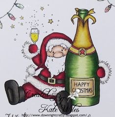 a christmas card with a santa clause holding a champagne bottle