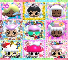 an assortment of cartoon character heads with different hair colors and designs on them, all in various