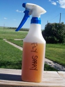 a spray bottle sitting on top of a wooden table in front of a grassy field