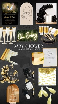 a collage of baby shower items including champagne glasses, bottle labels and other items