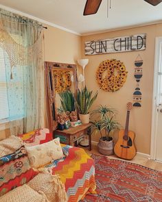 a bedroom with sunflowers and plants on the wall