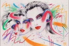 a drawing of two women with colorful makeup