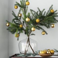 a christmas tree with gold ornaments in a glass vase