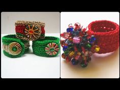 three different types of bracelets made from yarn and glass beads, each with a wheel