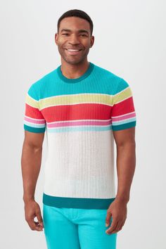 The classic crewneck got a fresh summer update with bright, multicolored stripes. Fit for summer, pair this short sleeve sweater with colorful bottoms, and you're ready to hit the boardwalk.  Crewneck Short sleeves Classic fit Textured knit Multicolored horizontal stripe detail Ribbed cuffs and hem Slim fit Runs true to size Model is 6'1", wearing size M See Men's Size Guide  FABRIC:  Cotton Knit  100% Cotton Hand or machine wash cold Imported Fits For Summer, Fresh Summer, Short Sleeve Sweater, Levi Shorts, Short Sleeved Sweaters, Newest Trends