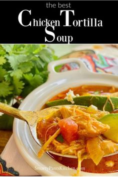 Bowl of chicken tortilla soup on a spoon. Easy Tortilla Soup, The Best Chicken Tortilla Soup, Easy Chicken Tortilla Soup Recipe, Best Chicken Tortilla Soup, Tortilla Soup Easy, Chicken Tortilla Soup Recipe, Mexican Soup Recipes, Chicken Tortilla Soup Easy, Tex Mex Chicken