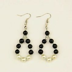 Handcrafted Black White Silver Beads Teardrop Dangle Earrings Made With 6mm Wide Glass Pearl Beads And Tiny Silver Plated Spacers Teardrop Shaped Earrings Silver Rhodium Plated Brass Earring Hooks Measures About 70mm Long Overall Teardrop Dangle Earrings, Large Hoop Earrings, Beaded Dangle Earrings, Earring Hooks, Fashion Jewelry Earrings, Metal Earrings, Brass Earrings, Hook Earrings, Earrings Silver