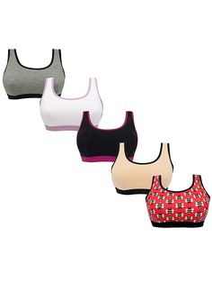 D'chica Pack of 5 Red bee Print, Black,Grey,Skin & White Sports Bra Fo Yoga Bra