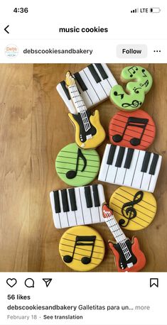 cookies decorated like musical instruments and music notes on top of each other in different colors