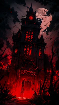 an illustration of a creepy house with red light coming from it