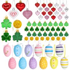 many different ornaments and decorations are hanging on the wall with hearts, clovers, shamrock leaves