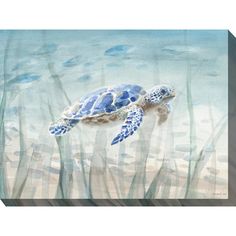 a painting of a sea turtle swimming in the ocean with grass and water behind it