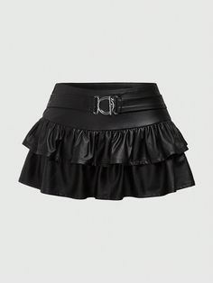 Ladies' Double Layer Ruffle Hem Skirt, School Black Casual   PU Leather Plain Layered/Tiered Non-Stretch  Women Clothing, size features are:Bust: ,Length: ,Sleeve Length: Skirt Png, Shein Skirts, Layered Ruffle Skirt, Black Ruffle Skirt, Fancy Fits, Black Leather Shorts, Ruffle Hem Skirt, School Skirt, Floral Cocktail Dress