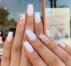 Milky Nails, White Glitter Nails, Homecoming Nails Acrylic, White Acrylic Nails, Girly Acrylic Nails, Basic Nails, Tech School