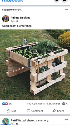 a wooden pallet planter with plants growing out of it on the grass in front of a facebook page