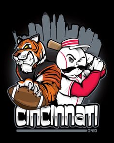 a baseball player with a tiger mascot on his shoulder and the word cincinnati in front of him