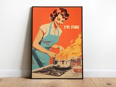 a woman cooking on the stove in front of an orange background with words i'm fine