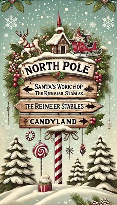 a christmas sign with santa's workshop and candy canes