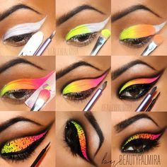 Acid Hawaiian Makeup, Colorful Eye Makeup Tutorial, Chola Makeup, Teknik Makeup, Make Up Designs, Neon Eyeshadow, Eyeshadow Ideas, 80s Makeup