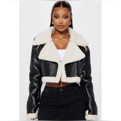 Available In Black/Combo. Faux Leather Jacket Moto Jacket Faux Fur Collar Faux Fur Lined Zipper Closure Self: 50% Pu 50% Polyester Imported Slightly Shedding Leather Flight Jacket, Cropped Coat, Fits Clothes, Faux Leather Moto Jacket, Flight Jacket, Leather Sleeve, Brown Leather Jacket, Mua Sắm, Leather Moto Jacket