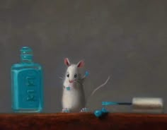 a painting of a mouse on a shelf next to a bottle