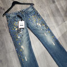 Wow! These Jeans Are Absolutely Jaw Dropping! They Are Pretty Heavy Though, Brand New, With Original Tags Attached. Multiple Sizes Available. Please Message Me If Any Questions. Jeans With Pearls, Rhinestone Stuff, Cowgirl Things, Jean Ideas, Mickey Shoes, Jeans Embroidery, Patched Denim Jeans, Resale Clothing, Unique Jeans