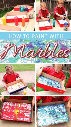 how to paint with marbles in an outdoor painting activity for toddlers and older children