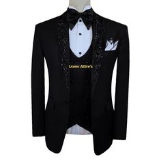 Dapper sophistication meets handcrafted elegance in our Black Designer Tuxedo Suit. 🌟 Made from premium Italian wool, this lightweight ensemble ensures comfort without compromising style. Black Designer Tuxedo, Md Suits, Shirt And Waistcoat, Unique Tuxedos, Wedding Suits Men Blue, Tuxedo Tie, Wedding Suits Men Black, Designer Tuxedo, Indian Groom Dress