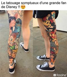 two people with tattoos on their legs, one is wearing sneakers and the other has mickey mouse