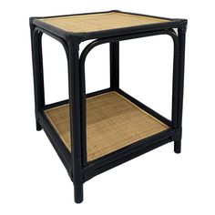 an end table with wicker and black frame