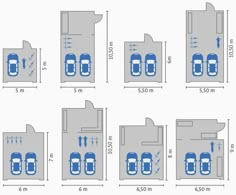 four parking spaces are shown in blue and white, with the measurements for each car