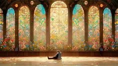 a woman sitting on the floor in front of a stained glass window with flowers all over it