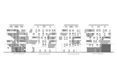 an architectural drawing of several buildings with windows and balconies on each floor, all facing different directions