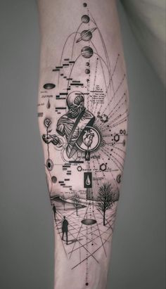 a man's leg with an abstract tattoo design on the side of his arm