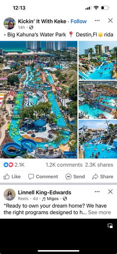 an instagram page with two pictures of the water park and other things on it