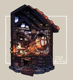 a drawing of a house made out of wood and various objects on the floor, including books