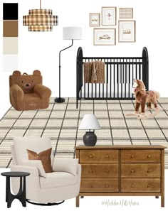 a baby's room is decorated in neutrals and browns, including a teddy bear crib