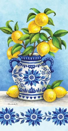 a painting of lemons in a blue and white vase