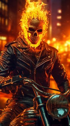 a man on a motorcycle with flames coming out of his face and wearing a leather jacket