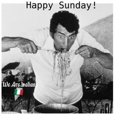 a man eating spaghetti from a bowl with the caption happy sunday we are italian